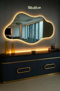  Led'li Asya Ayna 100*55 Cm, Pilli Kablosuz Moderm Dekoratif Duvar Aynası